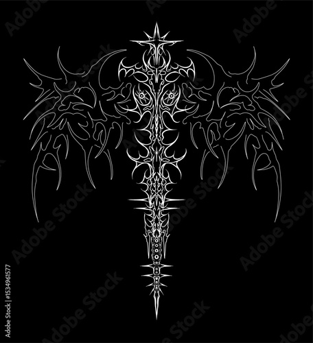 Ornamental neo tribal vector with sword and wings motif. Ideal for metal band logos, dark apparel prints, and tattoo design elements