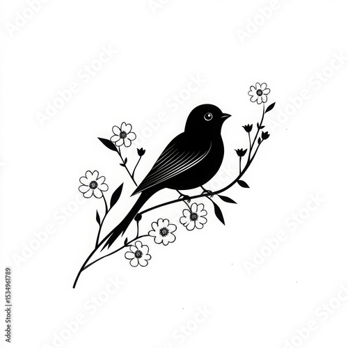 A graceful black bird silhouette rests on a flowering branch, a minimalist illustration in pristine white