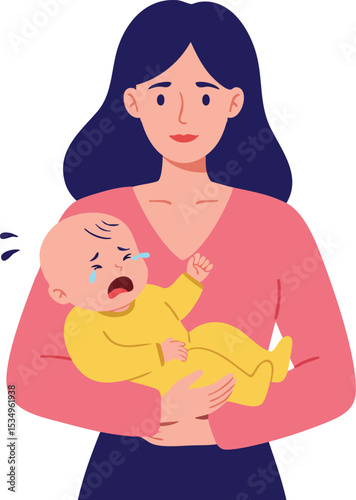 Mother comforting crying baby in yellow onesie with blue hair in vector illustration of maternal care and parenting support 