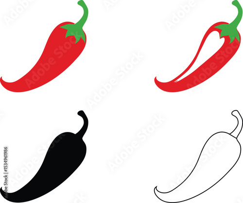 Four Vector Chili Pepper Design in Red, Black, and White Variations