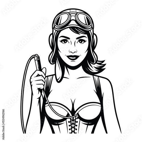 Confident Woman in Corset and Goggles Holding Whip – Empowerment Vector Illustration

