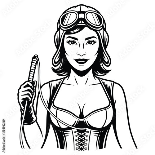 Confident Woman in Corset and Goggles Holding Whip – Empowerment Vector Illustration

