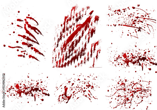 Collection of detailed red blood splatter textures featuring various stains, drips, and blotches. Element for easy use in horror or crime-themed designs, paint splatter imitating blood isolated.