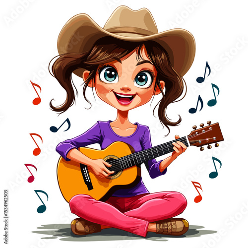 Little Girl Playing Guitar - Child Musician Illustration