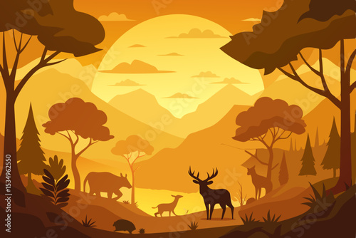 Golden Hour Wildlife Silhouette Serene Forest Landscape Illustration