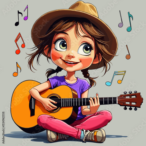 Little Girl Playing Guitar - Child Musician Illustration