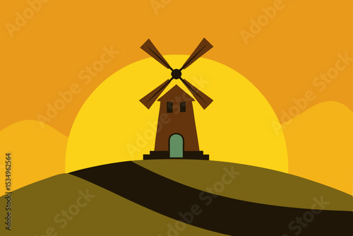 Sunset over Rolling Hills A Serene Windmill Silhouette