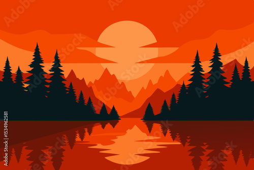 Serene Sunset Landscape Mountains, Lake, and Forest Silhouette