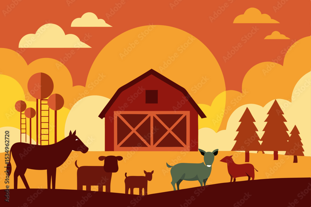 Fototapeta premium Sunset Farm Scene Rustic Barn, Animals, and Peaceful Countryside Illustration