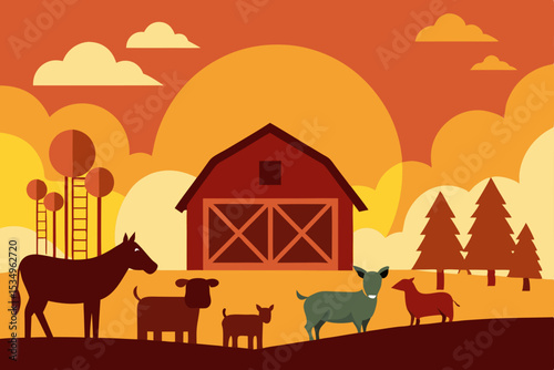 Sunset Farm Scene Rustic Barn, Animals, and Peaceful Countryside Illustration