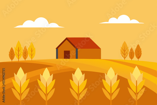 Autumn Harvest Rustic Farm Scene Illustration with Golden Wheat Fields and Rolling Hills