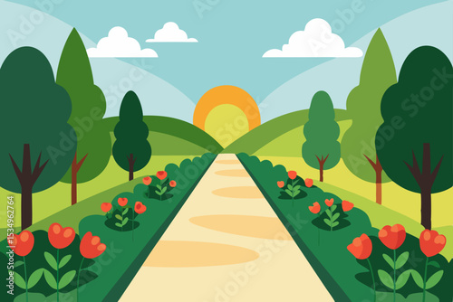 Serene Sunrise Landscape A Picturesque Path Through Rolling Hills and Blossoming Flowers