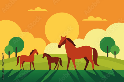 Sunset Serenity A Family of Horses in a Peaceful Meadow
