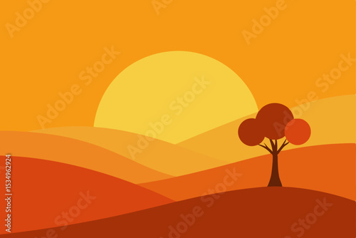 Serene Sunset Landscape Minimalist Autumn Hills and Lone Tree Illustration