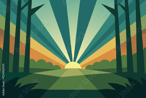 Sunrise Through the Trees A Geometric Landscape Illustration
