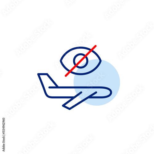 Vector icon of airplane in flight with crossed-out eye, symbolizing hidden travel, private flight, or invisible tracking. Ideal for travel apps, aviation platforms, and privacy settings