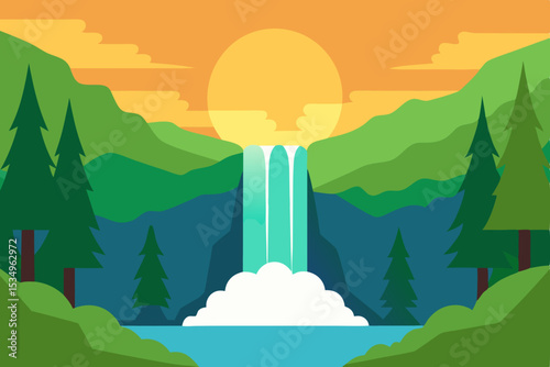 Serene Waterfall Sunset A Stunning Nature Illustration