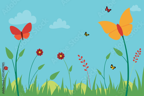 Vibrant Spring Meadow Butterflies and Flowers Illustration