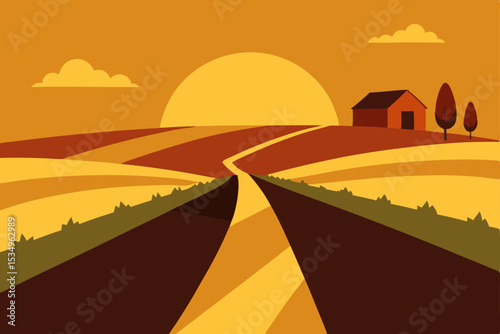 Sunset Countryside A Serene Rural Landscape with Winding Road and Farm