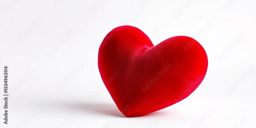 Fototapeta premium A plush red velvet heart on a pristine white background , invitation, texture