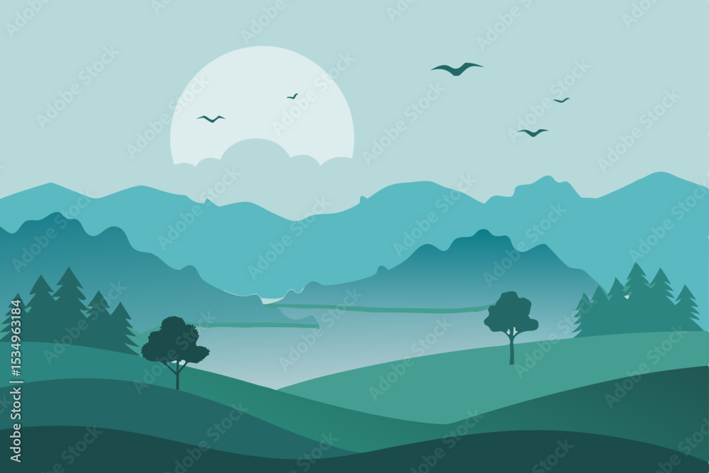 Fototapeta premium Serene Mountain Lake Landscape A Peaceful Teal and Green Vista