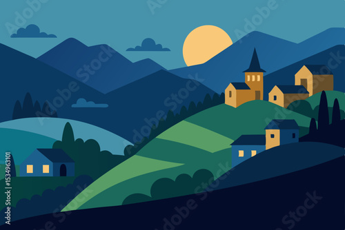 Serene Night in Mountain Village A Picturesque Landscape Illustration