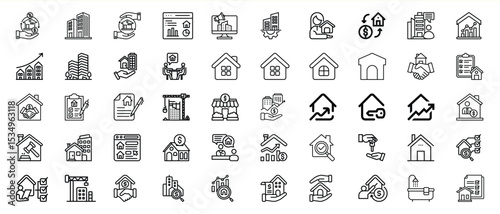 Real Estate Icons Set Black Line Art Home Building Property Market