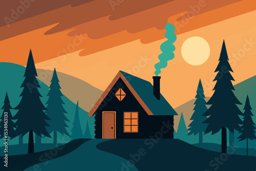 Cozy Cabin in the Mountains A Serene Sunset Illustration