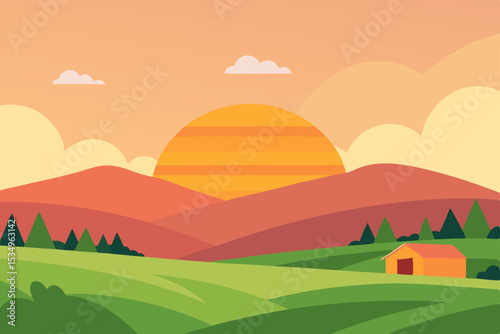 Serene Sunset Landscape Picturesque Countryside Panorama with Rolling Hills and Barn