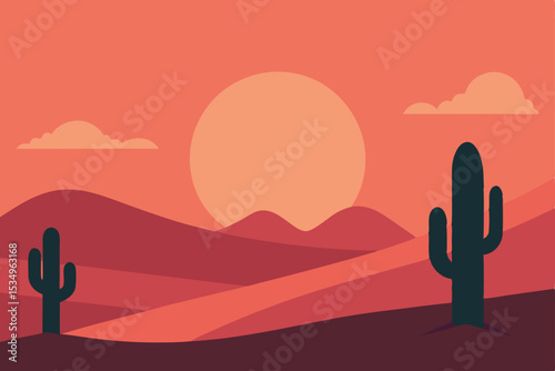 Desert Sunset Landscape Minimalist Vector Illustration of Cacti and Rolling Hills