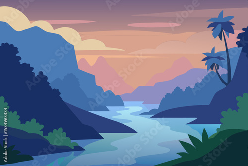 Serene Sunset Landscape Mountains, River, and Palm Trees