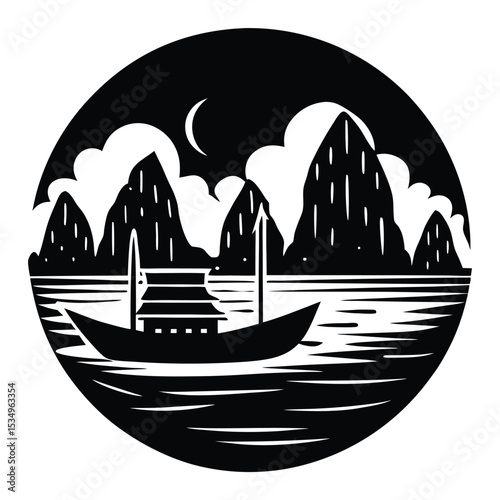 Serene Nighttime Voyage Through Karst Islands Under a Crescent Moon