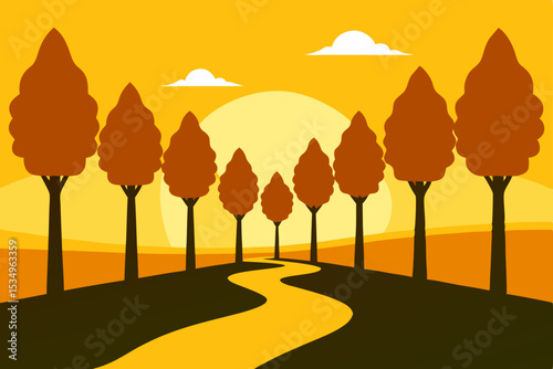 Serene Sunset Autumnal Landscape with Winding Path and Silhouetted Trees