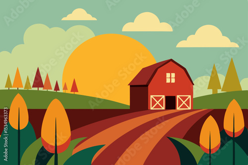 Autumn Farm Sunset Red Barn, Rolling Hills, and Colorful Plants