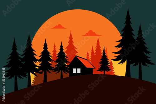 Serene Sunset Cabin in the Woods Illustration