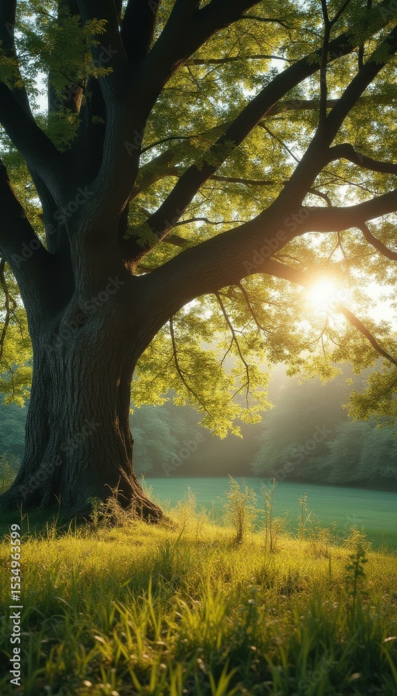 Fototapeta premium Large old tree with thick trunk in serene park at sunrise
