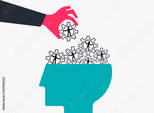 Hand managing gears in head, business workforce management illustration