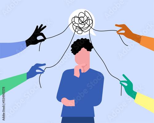 Hands together untangling mental health complex problem illustration