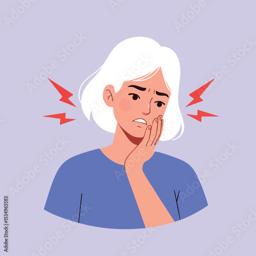 Woman experiencing toothache or jaw pain with white hair and blue shirt in vector illustration 