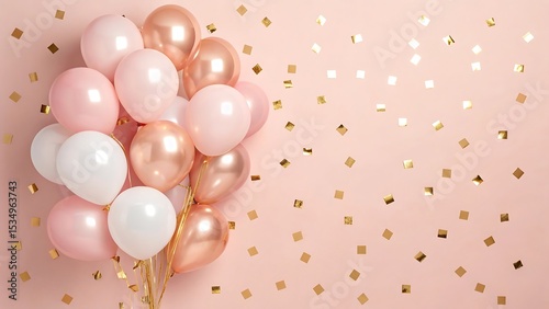 Pink and rose gold balloons with gold confetti on pink background