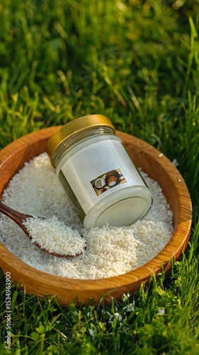 glass jar lying in wooden bowl filled with coconut flakes wooden spoon bowl placed on green grass natural summer spa wellness concept organic skincare, healthcare

