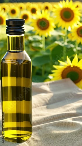 single glass oil bottle standing on soft linen tablecloth in warm golden sunset light summer nature beauty wellness concept aromatherapy skincare