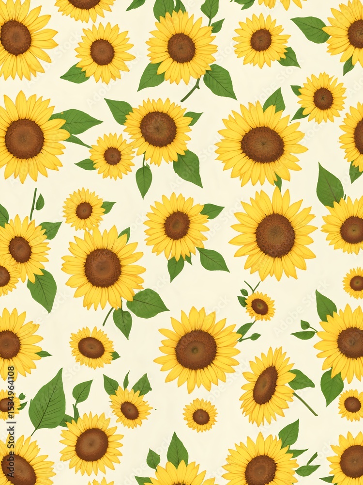 Fototapeta premium Chibi anime sunflower pattern, tiny adorable sunflowers bouncing, oversized centers, exaggerated movements, bright and cheerful.
