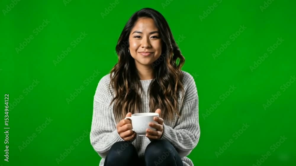 Woman Holding Coffee Cup on Green Screen Background Woman Holding Coffee Cup on Green Screen Background