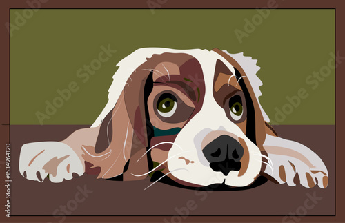 A dog with expressive green eyes rests its head on a surface, . The background is divided into green and brown color fields, complementing the multi-colored dog.