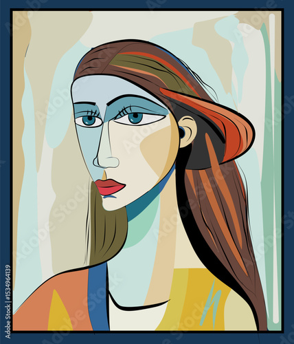 A colorful abstract portrait, woman with long, flowing haire. The background combines soft, irregular shapes in muted tones, providing contrast to the striking subject.