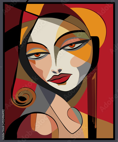 Colorful abstract background, cubism art style ,A stylized portrait features a woman's face with angular shapes and vibrant colors, framed by a dark border.