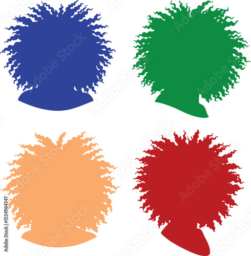Colorful silhouettes of four afro hairstyles in blue green orange and red vector illustration set for creative design 