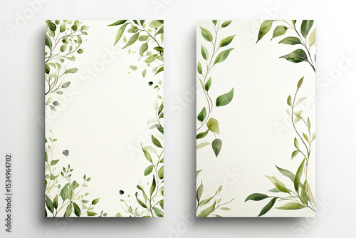 Two watercolor illustrations showcasing green leaves framing a blank canvas