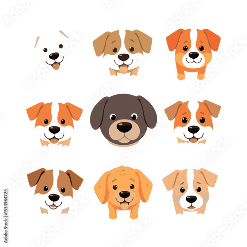 Nine adorable cartoon dog faces in various breeds and colors